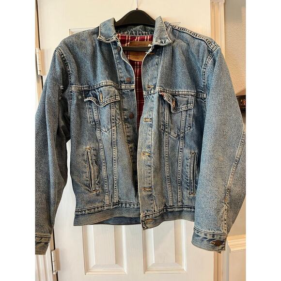 VTG Levi’s Plaid Lined Blue Jean Trucker Jacket Men Medium Grunge Neutral Flaw - Picture 16 of 16